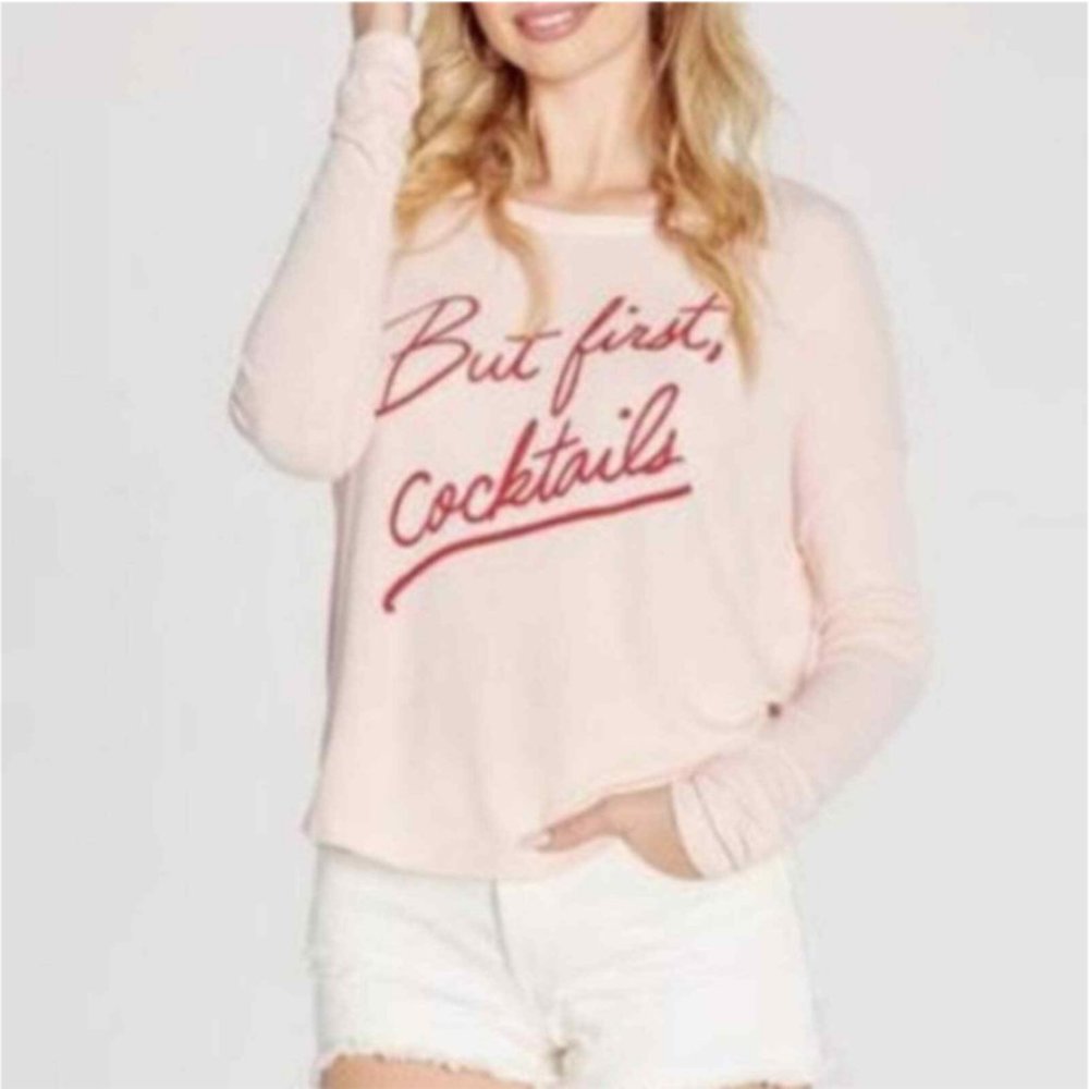 Wildfox Pale Pink 'But First, Cocktails' Pullover with Red Script - Picture 3 of 6
